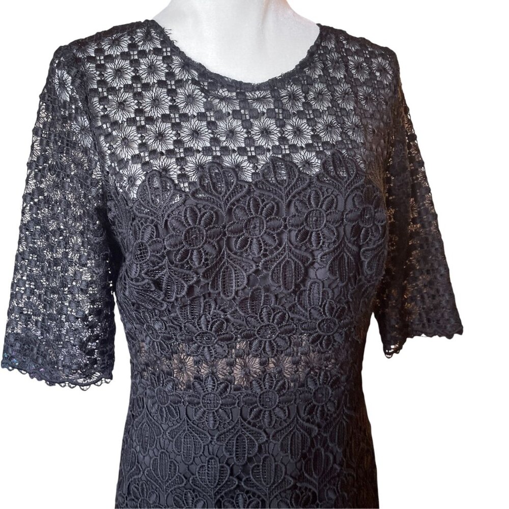 Anthropologie ML Monique Lhuillier Black Floral Lace Sheath Dress Sz 10 - Picture 8 of 16